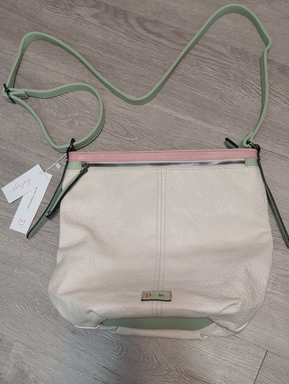 Brand New Women's Cream Crossbody Bag with Mint & Pink Trim